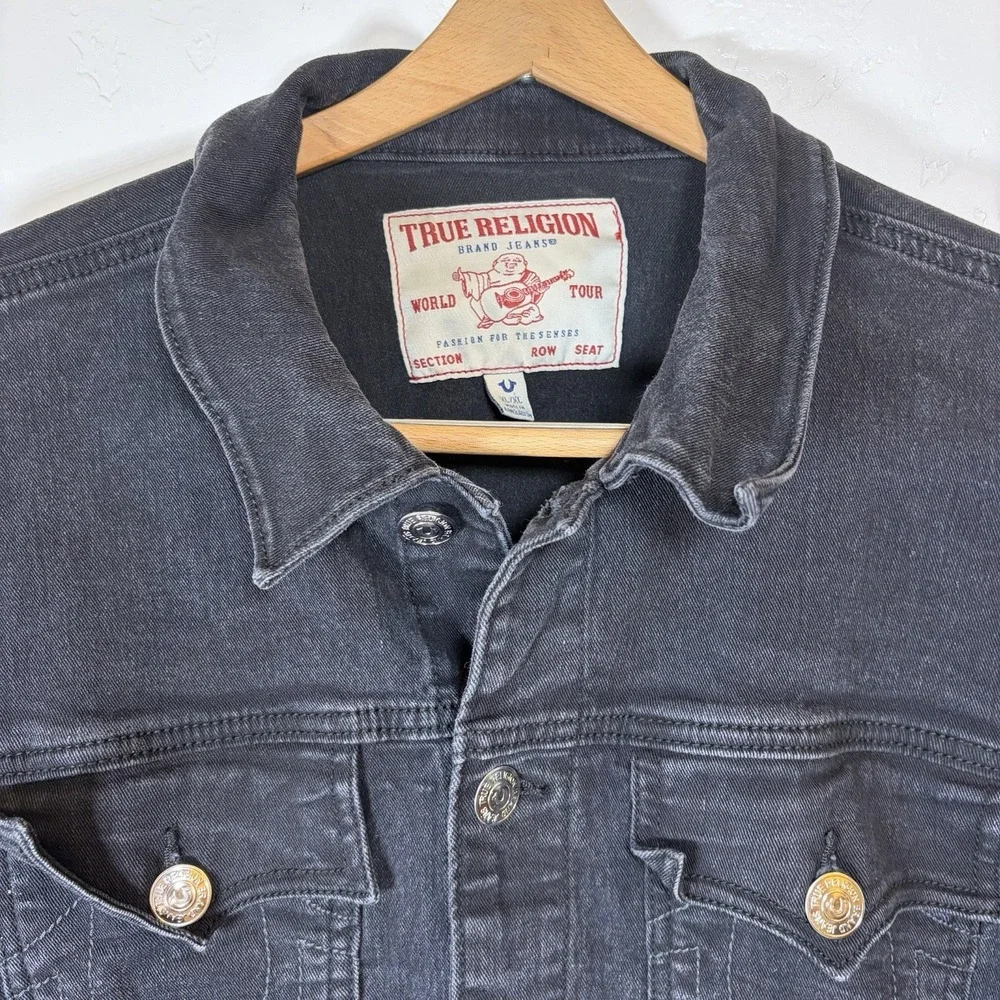 True Religion Jacket Mens XL Black‎ Denim Trucker Western Y2K Stitch Streetwear